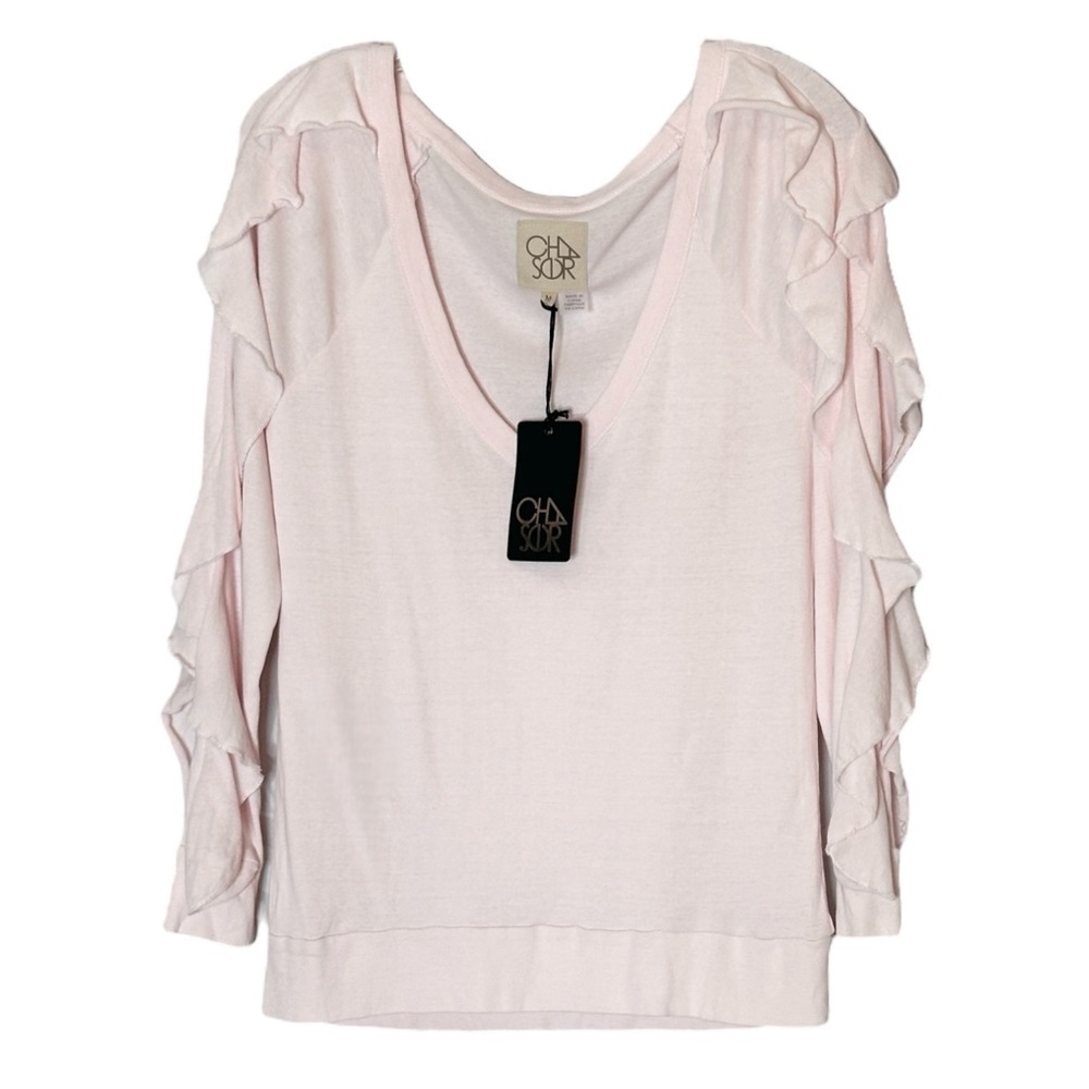 Chaser Long Sleeve Top Size M NWT Baby Pink Ruffled Stretchy Scoop Neck Tee